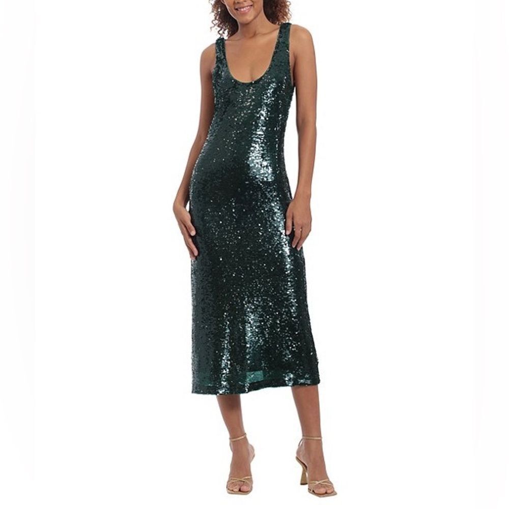 NWT Donna Morgan Sequin Scoop Neck emeraldine Sleeveless Midi Dress green Sz 4